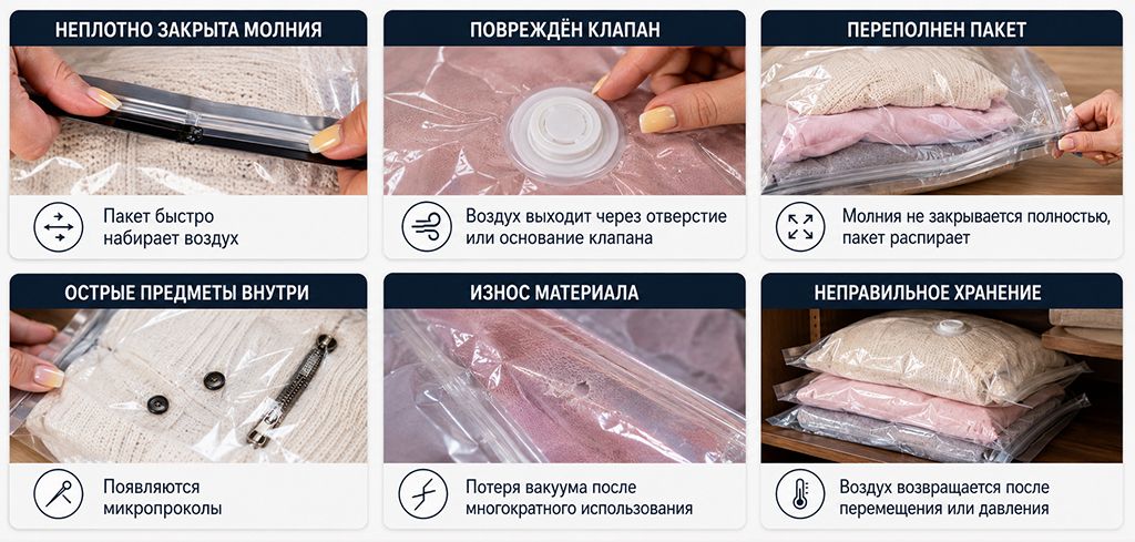Основные причины, почему вакуумный пакет для одежды не держит вакуум
