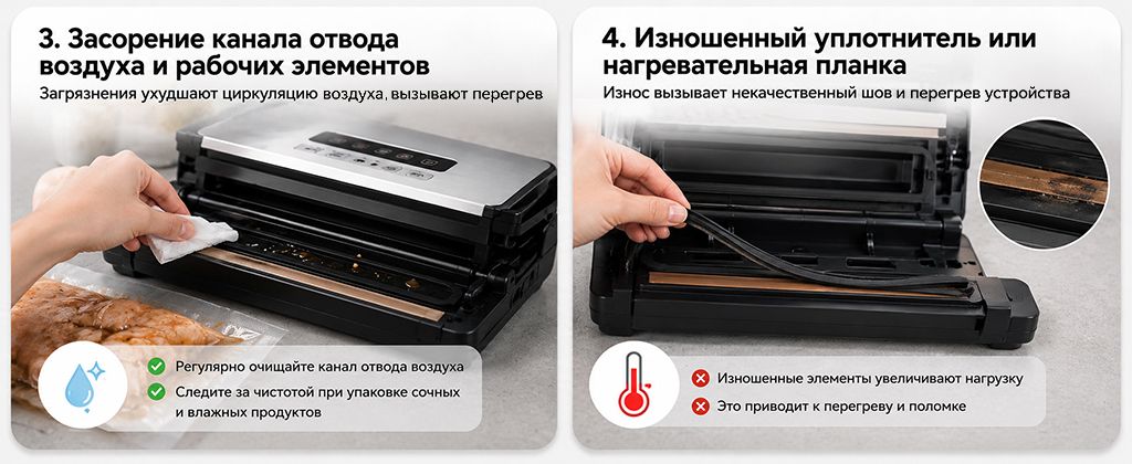 Засорение канала отвода воздуха и изношенный уплотнитель