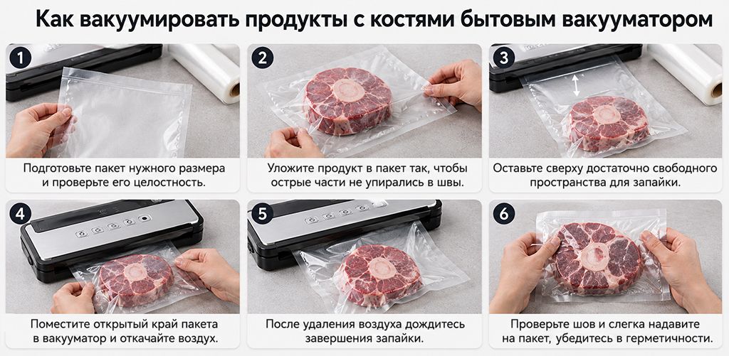 Как вакуумировать продукты с костями бытовым вакууматором